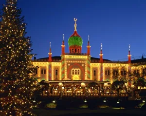 Christmas Wall Art & Decor: Illuminated Christmas tree and the Pavilion at dusk, Tivoli Gardens, Copenhagen