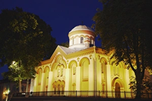 Vilnius Prints: Illuminated church on Pilies Gatve, Vilnius, Lithuania, Baltic States, Europe