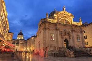 Assumption Cathedral Prints: Illuminated Church of St. Blaise and Cathedral, evening blue hour, Old Town, Dubrovnik