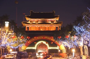 Shandong Prints: Illuminated City Gate and watch tower, Qufu City, UNESCO World Heritage Site