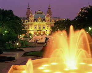 Images Dated 8th April 2008: Illuminated fountains in front of the casino at Monte Carlo, Monaco, Europe