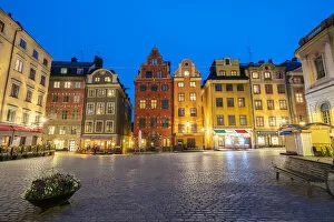 Bench Collection: Illuminated historic buildings at dusk, Stortorget Square, Gamla Stan, Stockholm, Sweden