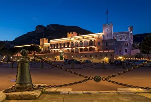 Illuminated Princes Palace at dusk, Monaco, Cote d Azur, French Riviera