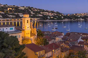 Towers Prints: Illuminated Saint-Michel Church at dusk, Villefranche sur Mer, Alpes Maritimes