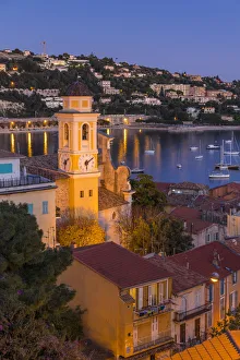 Illuminated Saint-Michel Church at dusk, Villefranche sur Mer, Alpes Maritimes