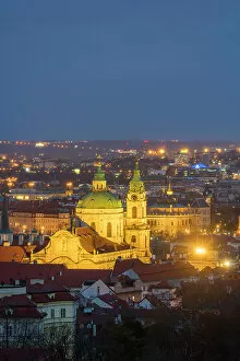 What's New: Illuminated St. Nicholas Church at night, Mala Stranar, UNESCO World Heritage Site, Prague, Bohemia