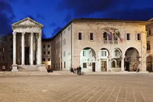 Pula Prints: Illuminated Temple of Augustus and town hall on the marketplace in the old town at night