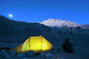 Night Time Gallery: Illuminated tent at Plaza de Mulas base camp, Aconcagua 6962m, highest peak in South America