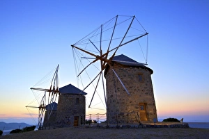 Venetian Prints: Illuminated windmills of Chora, Patmos, Dodecanese, Greek Islands, Greece, Europe