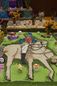 Image of Ignacio Allende, a revolutionary hero, part of decorations for the Day of the Dead festival, Plaza Principal