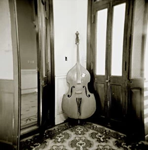Monochrome Gallery: Image taken with a Holga medium format 120 film toy camera of double bass resting against wall inside Palacio de Valle