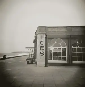 Image taken with a Holga medium format 120 film toy camera of ices sign on side of old Rendezvous Cafe on dull winters day, Whitley Bay, Tyne & Wear, England, United