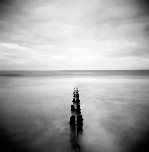 Image taken with a Holga medium format 120 film toy camera of view out to North Sea at dusk with sea washing around old wooden groynes, Alnmouth, Northumberland, England, United