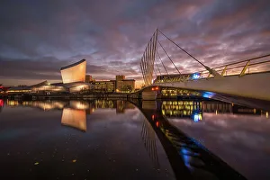 Connections Gallery: Imperial War Museum North and swingbridge reflected at night, Salford Quays, Manchester, England