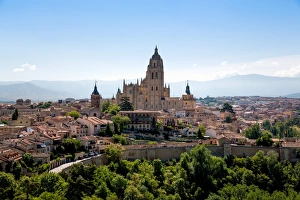 Segovia Prints: The imposing Gothic Cathedral of Segovia dominates the city, Segovia, Castilla y Leon