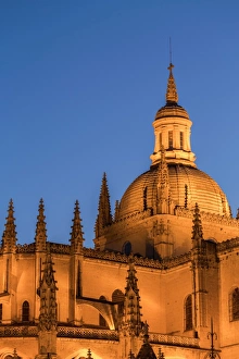 Domes Prints: The imposing Gothic Cathedral of Segovia at night, Segovia, Castilla y Leon, Spain