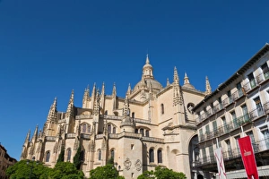 Segovia Prints: The imposing Gothic Cathedral of Segovia from Plaza Mayor, Segovia, Castilla y Leon
