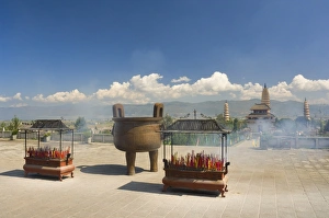 Chongsheng Prints: Incense pots, and Three Pagodas in background, Chongsheng Temple, Dali Old Town