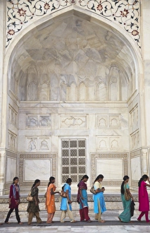 Portraits Prints: Indian women standing in line at Taj Mahal, UNESCO World Heritage Site