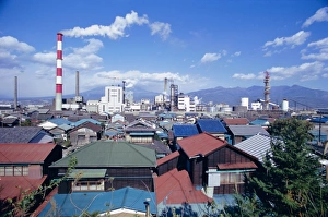 Industrial Prints: Industrial complex of paper mill and city skyline
