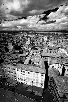 Siena Prints: Infra red image of the view of Siena across Piazza del Campo from Tower del Mangia