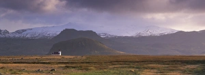 Images Dated 28th June 2009: Ingjaldsholl church at Hellisandur, Snaefellsjokull volcano, 1446m, behind