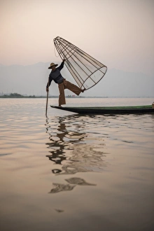 Fisherman Prints: Inle Lake fisherman at sunrise (Intha fisherman)