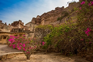 Blue City Prints: The inner wall of Mehrangarh Fort in Jodhpur, the Blue City, Rajasthan, India, Asia