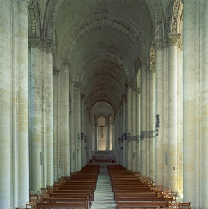 Anjou Prints: Interior of 12th century Romanesque church, the longest in France without a transept