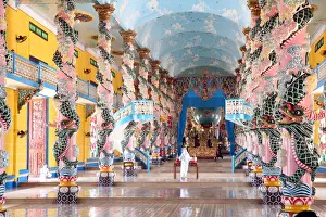 Dragon Prints: Interior of Cao Dai Great Temple with ornate dragon columns, Tay Ninh, Vietnam, Indochina