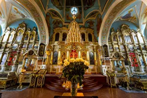 Chandelier Prints: Interior of the Holy Savior Parish, Minusinsk, Krasnoyarsk Krai, Russia, Eurasia