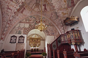 Interior of Keldby church, with frescoes by Elmelunde Master, Keldby, Mon