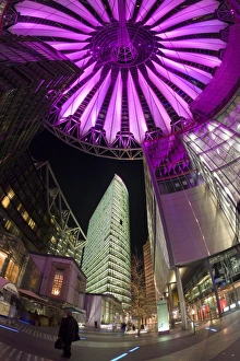 Interior of the Sony Center illuminated at night