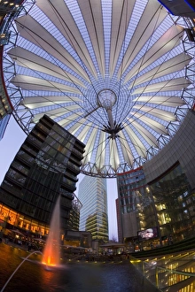 Interior of the Sony Center illuminated at night