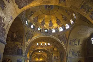Gold Color Prints: Interior of St. Marks Basilica (Basilica di San Marco) with golden Byzantine mosaics illuminated