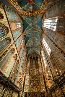 Krakow Prints: Interior of St. Marys Church (St. Marys Basilica), UNESCO World Heritage Site, Krakow