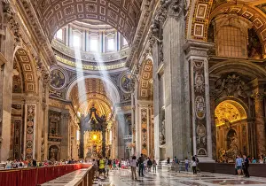 Typically Italian Prints: Interior of St. Peters Basilica with light shafts coming through the dome roof