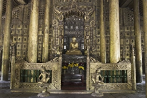 Interior of traditional wooden monastery, once part of the Royal Palace complex used by King Mindon