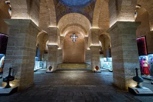 Pillars Prints: Interior view of Armenian church showcasing architecture and artifacts in Derbent