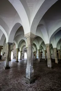 Columns Prints: Interior view of Sixty Dome Mosque showcasing arches and columns in historic site in Bangladesh