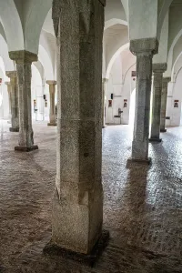 Columns Prints: Interior view of Sixty Dome Mosque showing stone columns and arches in Bangladesh