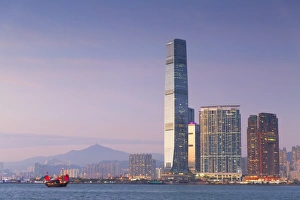 Kowloon Prints: International Commerce Centre (ICC) and junk boat, Kowloon, Hong Kong, China, Asia