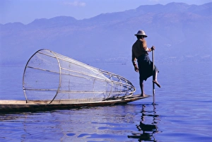 Trap Prints: Intha fisherman, leg-rowing, Inle Lake, Shan State, Myanmar (Burma), Asia