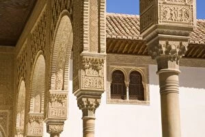 Intricately decorated arches and columns in the Patio de los Arrayanes