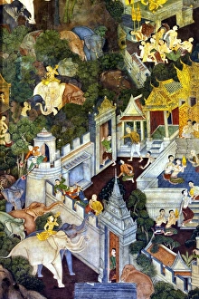 Intricately painted 200 year old murals located on the inner walls inside the Vihara of Wat Pho Intricately painted 200 year old murals located on the inner walls inside the Vihara of Wat Pho