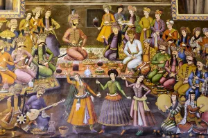 Close Up View Prints: Iran, Isfahan, Chehel Sotun palace, The Great hall or Throne hall painting, the reception