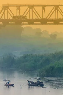 Vietnamese Prints: Iron bridge over the Red River in Hanoi, Vietnam, Indochina, Southeast Asia, Asia