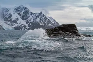 Elephant Prints: Islet off Elephant Island with waves and mountains in the background in Antarctica