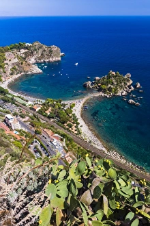 Taormina Prints: Isola Bella Beach seen from Taormina, Sicily, Italy, Mediterranean, Europe
