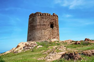 Illustration Prints: Isola Rossa historic tower at sunse, Sardinia, Italy, Mediterranean, Europe